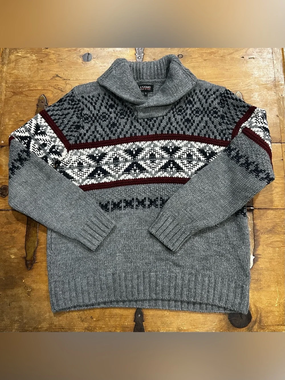 L’Uomo Made in Italy Men’s Fair Isle Shawl Collar Wool Blend Sweater Size Large